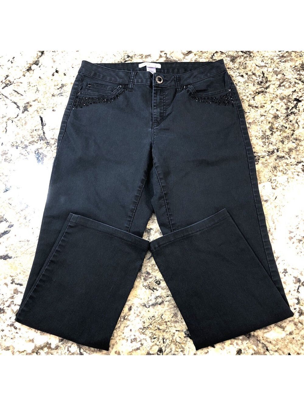 Size 10 Cleo Petites Womens Jeans Black Beaded Pocket Trim Straight Leg BD